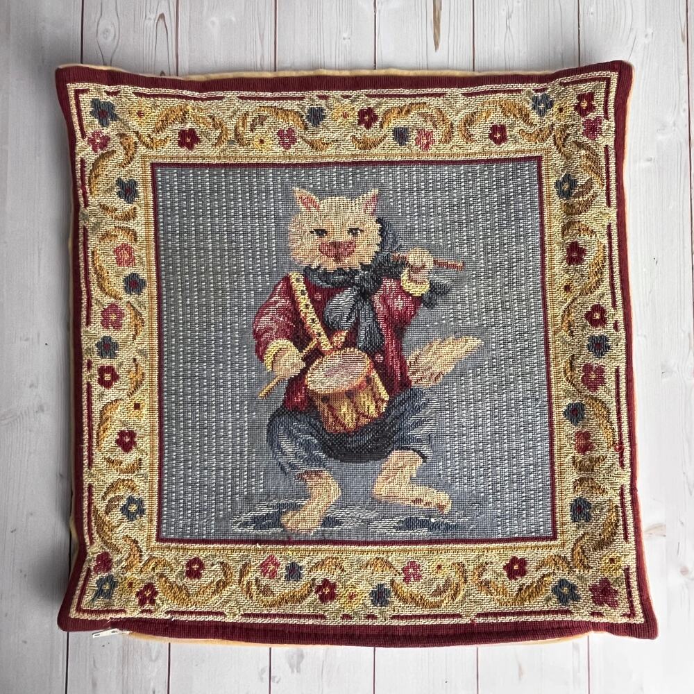 Vintage Jules Pansu Cat Playing Drum Tapestry Pillow Cover Made in France